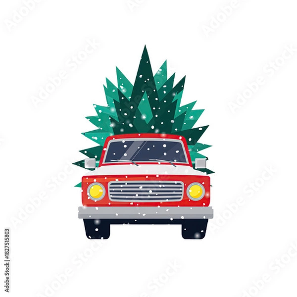 Fototapeta Festive Red Truck Carrying a Green Christmas Tree in Snowy Weather with a Transparent Background Ideal for Holiday Branding and Promotions