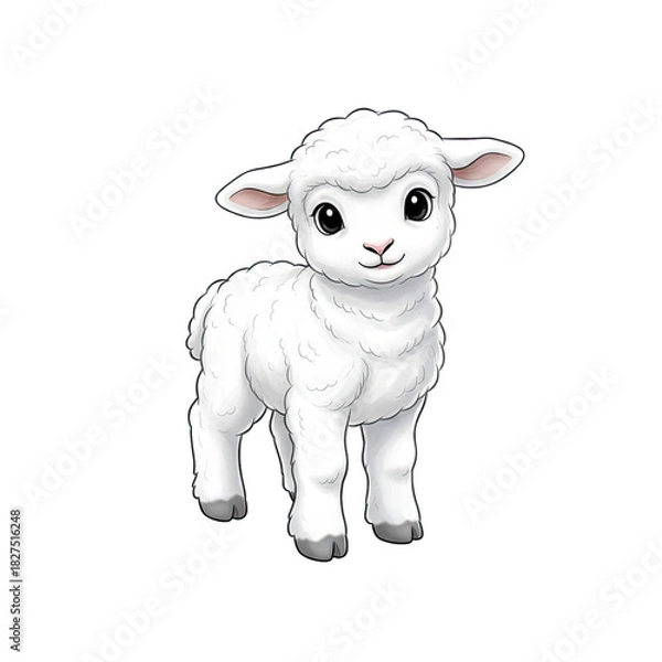 Fototapeta Fluffy White Baby Sheep Standing Digitally Illustrated with Soft Features and Black Eyes on Transparent Background