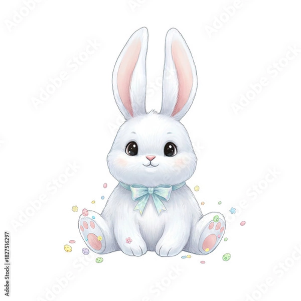 Fototapeta Fluffy white bunny rabbit with pastel bow tie sitting amidst colorful confetti on transparent background cute easter illustration