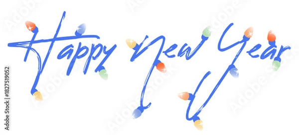 Fototapeta Happy New Year handwritten text with colorful holiday lights