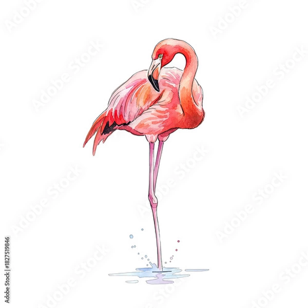 Fototapeta Vibrant Pink Flamingo Standing on One Leg with Water Splashes in Studio Lighting Against a Black Background