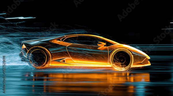 Obraz Metallic Texture Futuristic Sports Car High-Speed Driving, Orange-Yellow Blue-Black Gloss Light Trails, Tech Atmosphere Visual Material