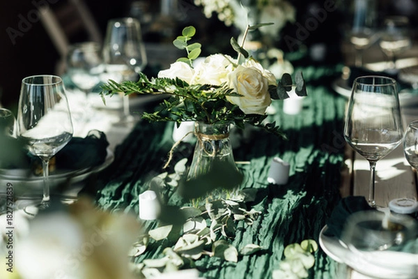 Fototapeta Elegant festive table setting with green decor and glassware