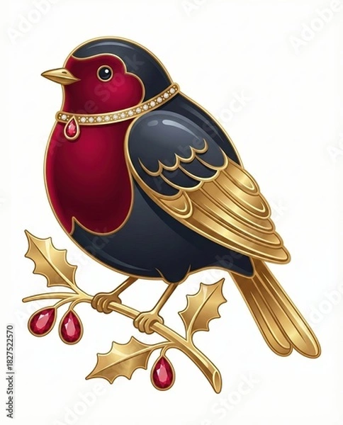 Obraz Luxury Jeweled Christmas Robin Illustration in Gold and Enamel Style | Elegant Bird on Holly Branch with Diamond Necklace and Ruby Berries Isolated on White