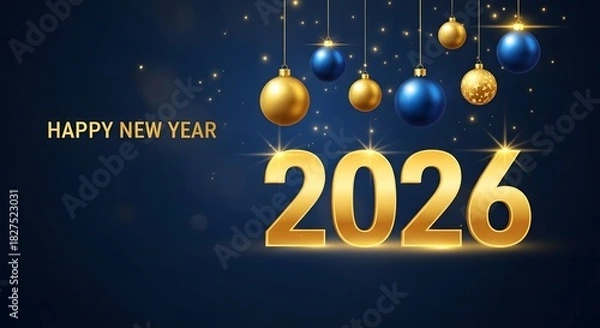 Fototapeta Elegant 2026 new year design with gold numbers and baubles on blue