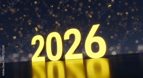 Fototapeta Brightly lit 2026 new year celebration with sparkling background and reflections