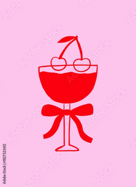 Fototapeta Whimsical Cocktail Glass Bow with Cherry. Coquette Cocktail with Ribbon Martini and Wine Poster. Doodle Vector Illustration