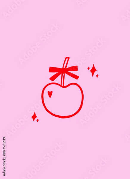 Obraz Aesthetic Whimsical Cherry with Bow and Heart, Stars. Cute Pink Coquette Cherry Ball with Ribbon. Doodle Vector Illustration