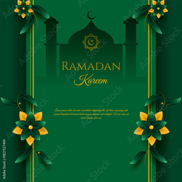 Obraz Green ramadan kareem background with a mosque silhouette flowers.