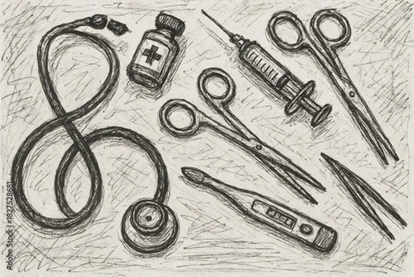 Fototapeta Medical tools and instruments illustration in a hand-drawn style