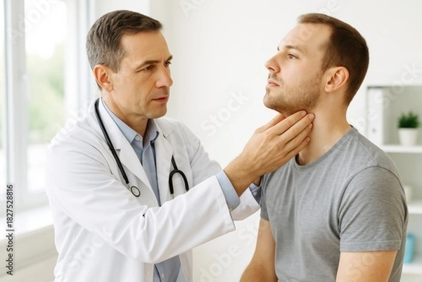Fototapeta Doctor examining a patient's neck in a medical office setting