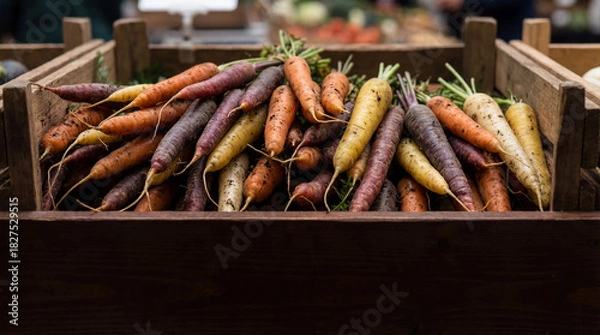 Fototapeta Close-up of a crate filled with multicolored carrots arranged in tight rows
