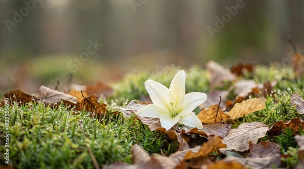 Fototapeta Close-up of forest floor with dew-covered moss, dry leaves, and a blooming white lily