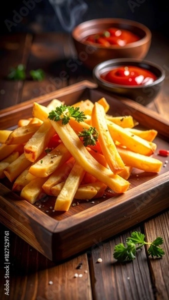 Fototapeta Golden Crispy French Fries Served on a Rustic Wooden Tray with Ketchup.
