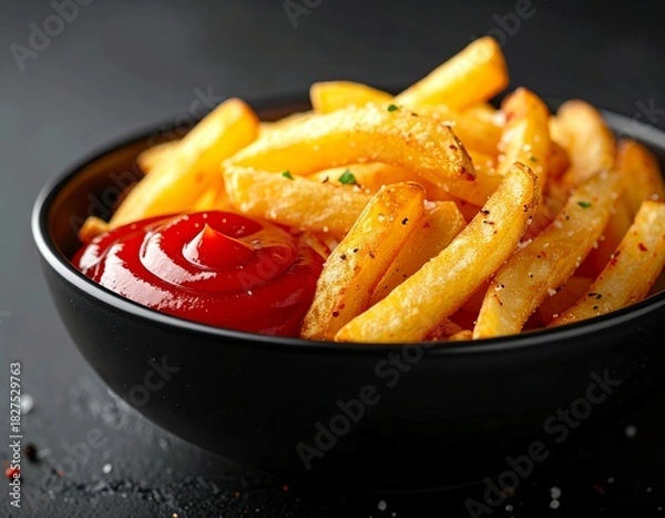 Fototapeta Golden Crispy French Fries with Ketchup in a Black Bowl.