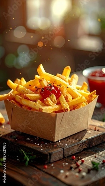 Fototapeta Golden Crispy French Fries with Ketchup in a Rustic Cardboard Box on a Wooden Table.