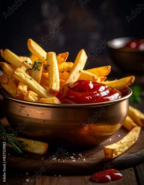 Fototapeta Golden Crispy French Fries with Ketchup in a Rustic Bowl.