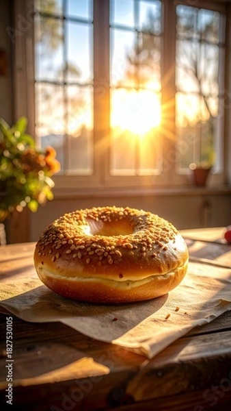 Fototapeta Golden Hour Bagel - A Warm Morning Delight on a Rustic Wooden Table with Sunlight Streaming Through the Window.