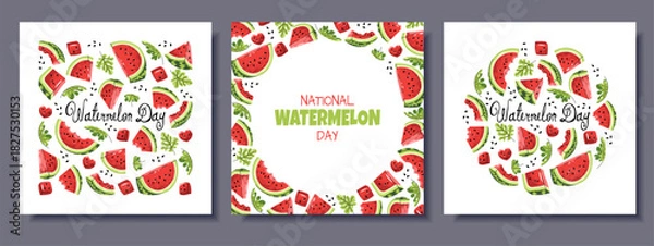 Obraz Square Watermelon Day Banner Set in Flat Design. Greeting Cards, Invitations, Menu Templates for Fruit-Themed Events. Cover with watermelon slices for Summer Party, Farmers Markets, Cultural Festival
