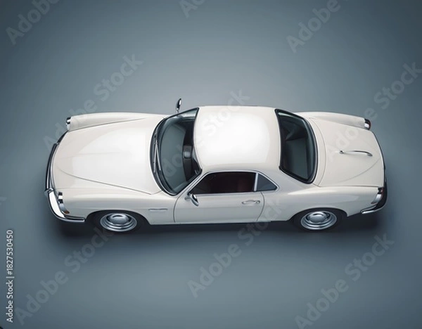 Obraz Aerial view of a classic white coupe car, showcasing its sleek design and clean lines against a neutral gray background.