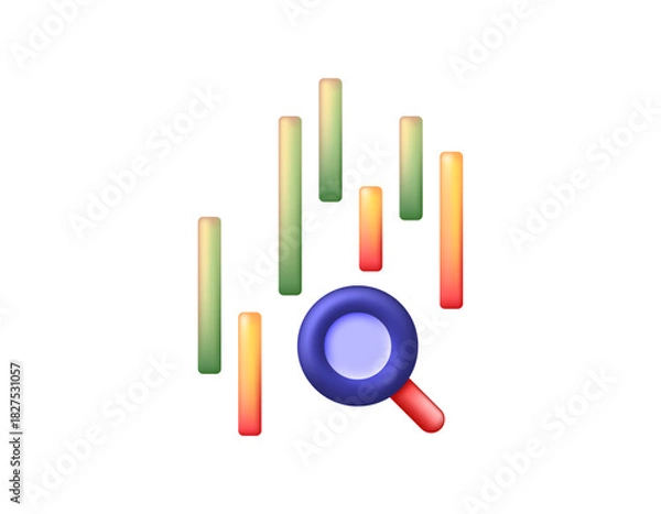 Obraz Data analysis concept. Analyzing market and stock movement patterns. Finance. Illustration of a magnifying glass symbol and data bar chart. 3D style design. White background.