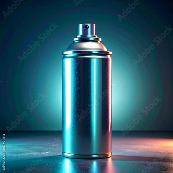 Fototapeta Sleek metallic spray can with vibrant blue and orange lighting on a dark background.