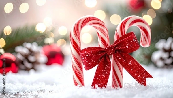 Fototapeta Two candy canes with a red bow on snow, with blurred Christmas decorations and lights in the background.