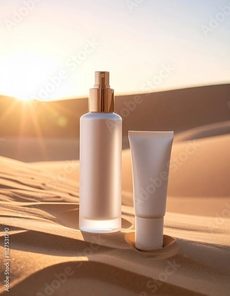 Fototapeta Sun-Kissed Skincare Essentials - Two Bottles on Desert Sands at Golden Hour.