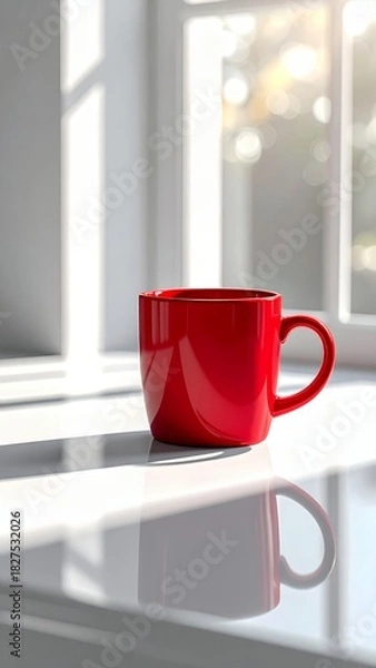 Fototapeta Vibrant Red Mug Bathed in Sunlight on a White Ledge.