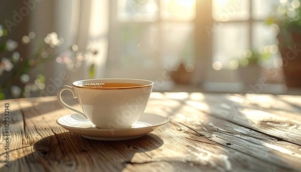 Obraz Warm morning light illuminates a cup of coffee on a rustic wooden table, creating a serene and inviting atmosphere.