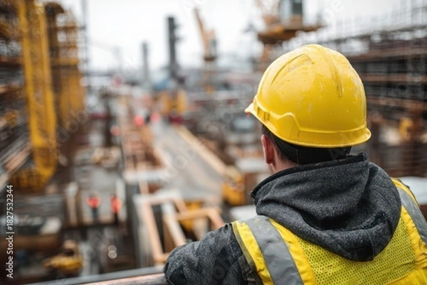Fototapeta Bright yellow safety helmet with high-visibility vest on a rugged construction site