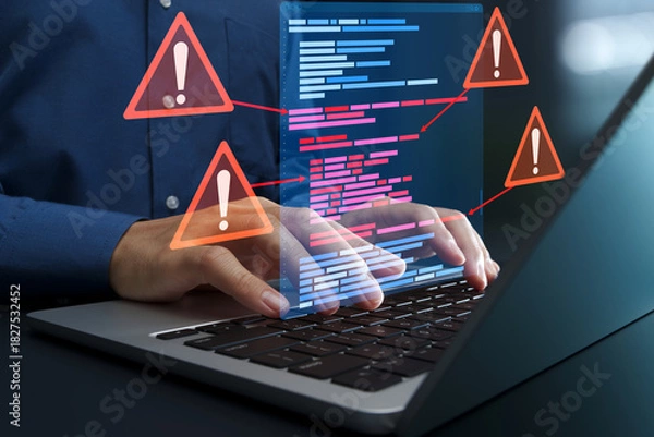 Fototapeta Bugs in software source code and debugging. Programmer using laptop computer to fix bugs.