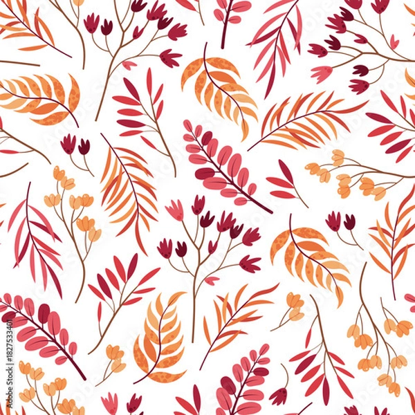 Obraz Autumn Twigs and Leaves Seamless Pattern Flat Vector. Botanical Elements Texture for Seasonal Design, Nature Decor, Eco Friendly Branding. Repeat Background for Wallpaper, Textile, Wrapping Paper