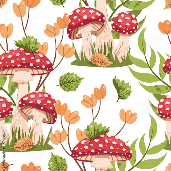 Fototapeta Amanita Mushrooms in Grass Seamless Pattern Flat Vector. Poisonous Fungi Forest Texture for Nature Design, Whimsical Decor. Repeat Background for Wallpaper, Textile, Wrapping Paper. Enchanted Woodland