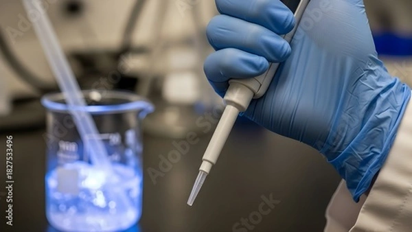Fototapeta Close up of scientist using pipette in lab with blue gloves.
