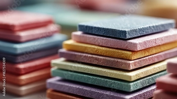 Fototapeta Colorful stacked paper sheets creating a vibrant display of textures and hues in a creative workspace setting