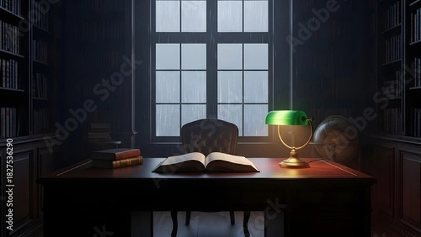 Fototapeta A cozy dimly lit library with a desk and a green lamp creates a sense of tranquility.