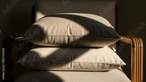 Fototapeta Two beige pillows stacked on a modern chair are illuminated by warm afternoon sunlight creating artistic shadows.