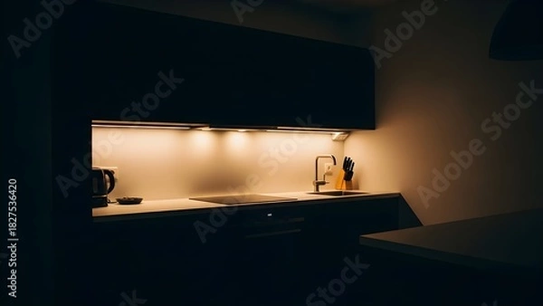 Fototapeta A modern dark kitchen with warm undercabinet LED lighting creating a cozy ambiance at night.