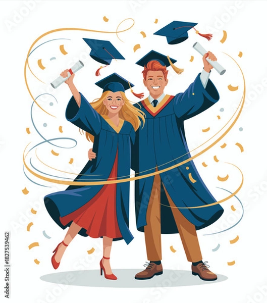 Obraz Two jubilant graduates celebrate their academic achievements, throwing their caps in the air, representing success, joy, and the excitement of new beginnings.