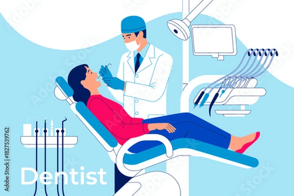 Obraz This illustration portrays a dentist attending to a patient in a modern clinic, capturing the essence of dental care and professional healthcare services.
