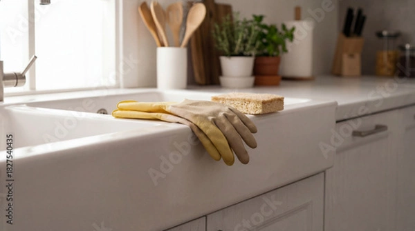 Fototapeta Cleaning gloves resting next to a sponge on a pristine kitchen sink