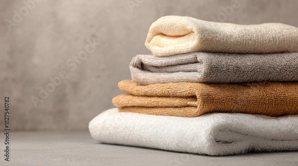Fototapeta A charming close-up of stacked towels of various sizes in a tranquil spa setting. Generative AI image
