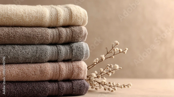 Fototapeta Neatly folded towels on neutral background, spa concept, simple composition, soft textures, clean style. Generative AI image