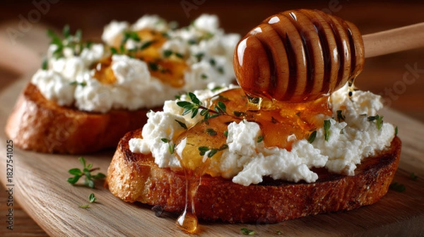 Fototapeta Bruschetta with fresh ricotta cheese and modem poured on top. Generative AI image