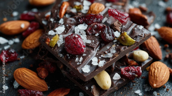 Fototapeta A stack of dark chocolate bark with almonds and sea salt, surrounded by scattered almonds and a bowl of almonds. Generative AI image