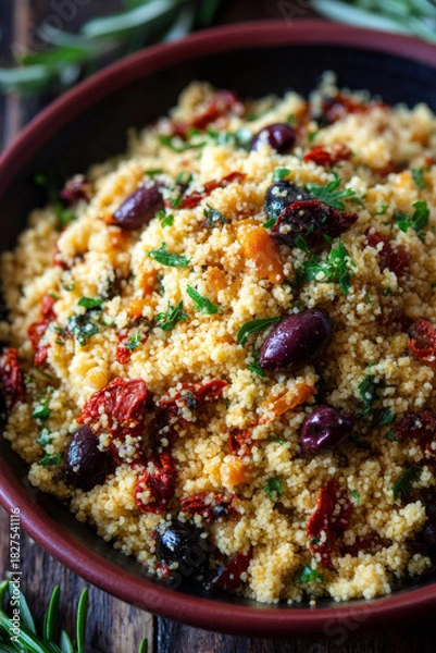 Fototapeta Mediterranean couscous with olives, sun-dried tomatoes and fresh herbs. Generative AI image
