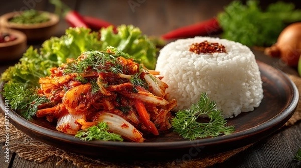 Obraz Traditional Korean Kimchi and Steamed Rice Dish with Fresh Herbs on Rustic Wooden Table Setting