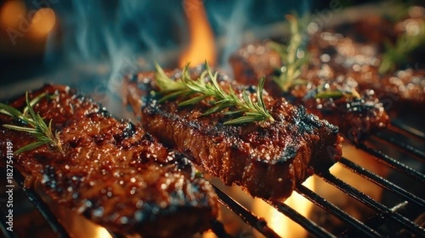 Obraz Juicy Grilled Steaks with Fresh Rosemary on a Barbecue Grill with Flames and Smoke
