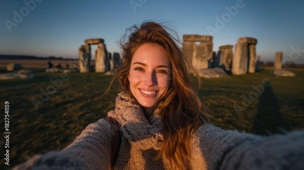 Fototapeta Woman Taking Selfie at Stonehenge During Golden Hour with Warm Sunlight and Historic Stone Circle in Background